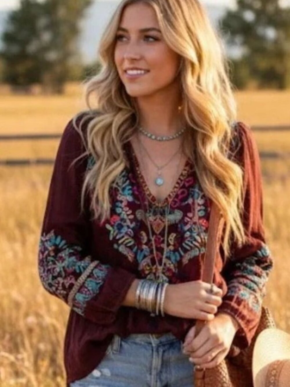 JOHNNY WAS‎ Embroidered  Brown/Turquoise  Top/Blouse